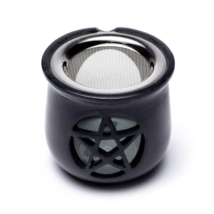 Incense Burner Pentagram Soapstone Black, with Sieve - 2